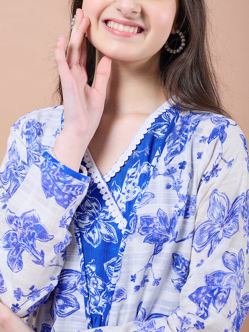 Girls Floral Print V-Neck Long Sleeves A-Line Midi Dress With Shrug